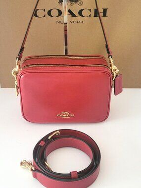 Coach CEB28 Carey Crinkle Leather Crossbody Bag Handbag Poppy Red